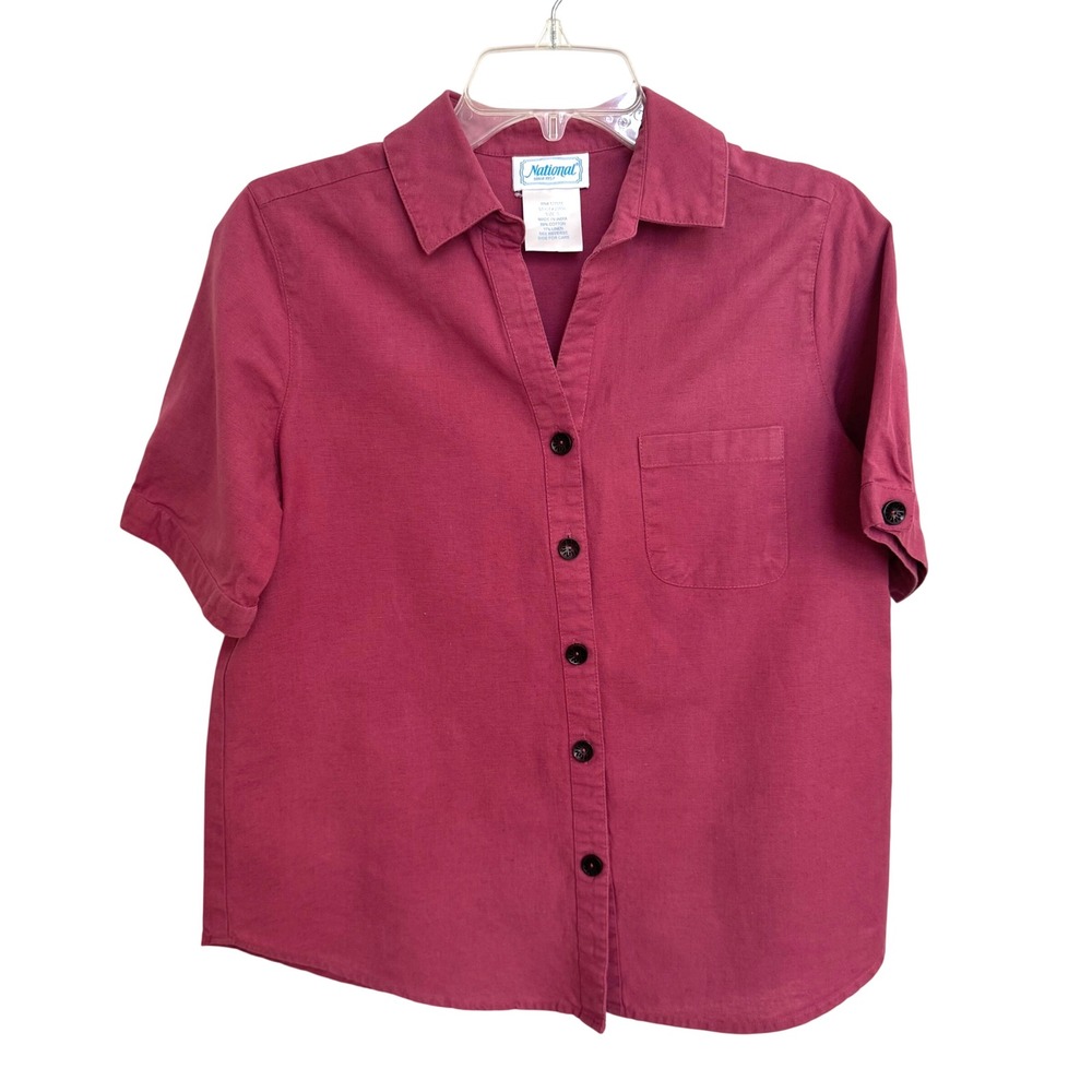 National Shirt Top Womens S Pink Cotton Linen Button Down Short Sleeve Classic